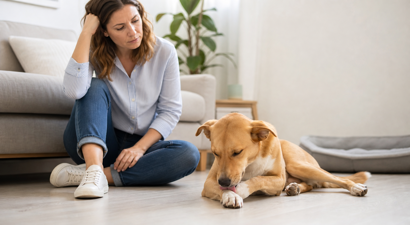 Cachorro lambendo a pata enquanto tutora observa